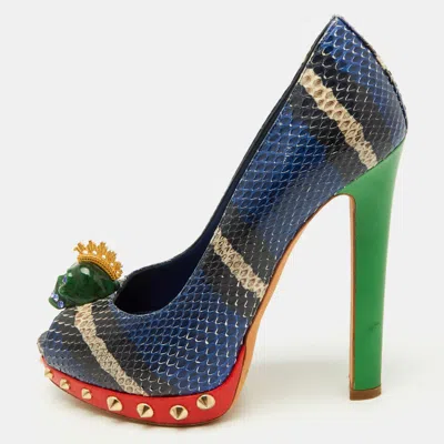 Pre-owned Alexander Mcqueen Multicolor Python Crystal Skull Peep Toe Pumps Size 36