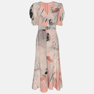 Pre-owned Alexander Mcqueen Multicolor Trompe L'oeil Printed Silk Puff-sleeve Midi Dress S