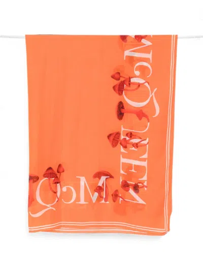 Alexander Mcqueen Mushroom-print Logo Scarf In Orange