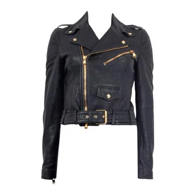 Pre-owned Alexander Mcqueen Navy Blue Leather Biker Jacket 40 S