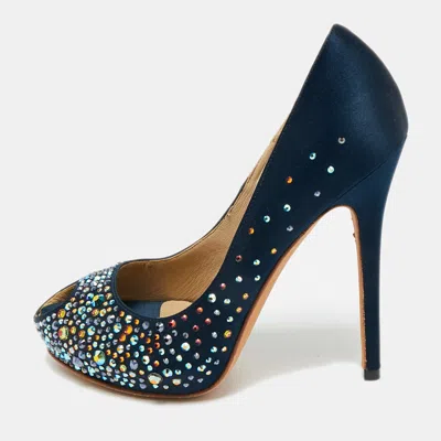 Pre-owned Alexander Mcqueen Navy Blue Satin Crystal Embellished Peep Toe Pumps Size 36