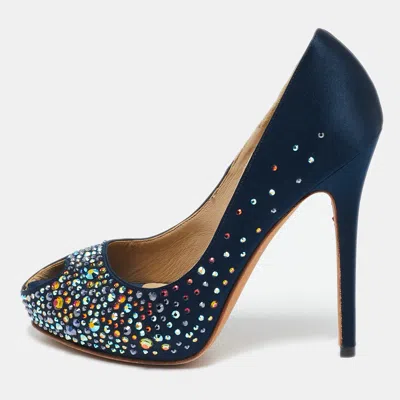 Pre-owned Alexander Mcqueen Navy Blue Satin Crystals Embellished Heart Peep Toe Pumps Size 36