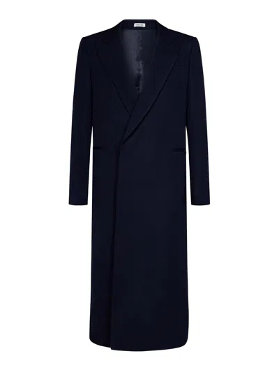 ALEXANDER MCQUEEN NAVY BLUE WOOL BELTED COAT