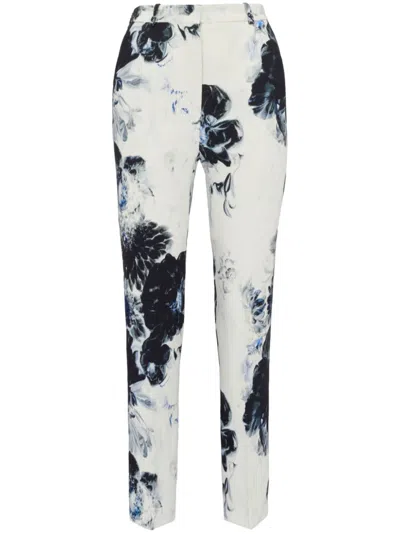 ALEXANDER MCQUEEN NAVY FLORAL PRINT HIGH-WAISTED TROUSERS FOR WOMEN