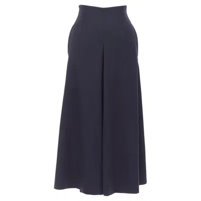 Pre-owned Alexander Mcqueen Navy Virgin Wool Box Pleat Wide Leg Cropped Pants It34 Xxs In Blue