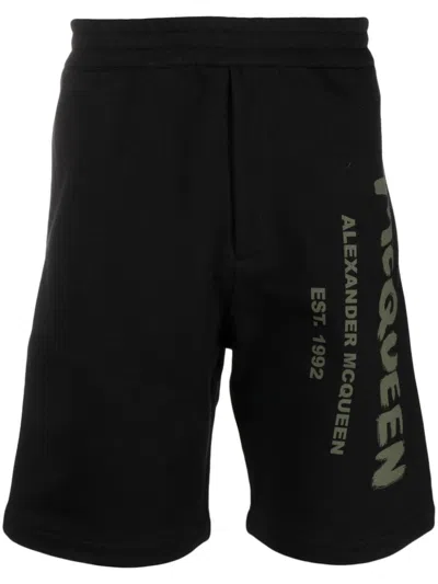 ALEXANDER MCQUEEN ALEXANDER MCQUEEN NAVY/GREEN LOGO PRINT COTTON SHORTS.