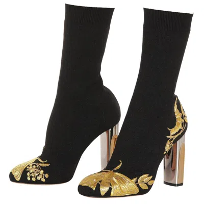 Pre-owned Alexander Mcqueen New  Aw 2018 Embroidered Black Gold Ankle Stretch-knit Boot 37