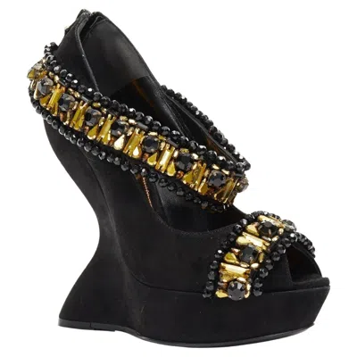 Pre-owned Alexander Mcqueen New  Black Champagne Embellished Wedge Shoes Italian 38
