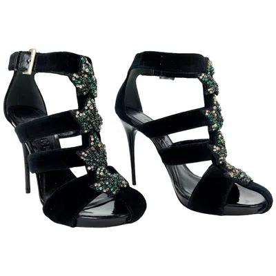 Pre-owned Alexander Mcqueen New  Black Velvet Crystal Embellished Ivy Cage Sandals 37.5
