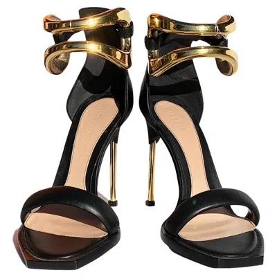 Pre-owned Alexander Mcqueen New  Leather Metal Ankle Wrap Black Shoes Sandals Italian 40