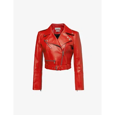 ALEXANDER MCQUEEN ALEXANDER MCQUEEN WOMENS WELSH RED NOTCHED-COLLAR CROPPED LEATHER JACKET