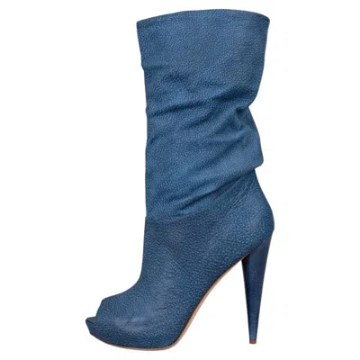 Pre-owned Alexander Mcqueen Nwb  Blue Leather Wedge Open Toe Boots Sz.39.5