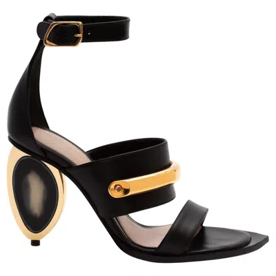 Pre-owned Alexander Mcqueen Nwt  Black Leather Gold Cuff Bar Strap Shoes Sandals Italian 36