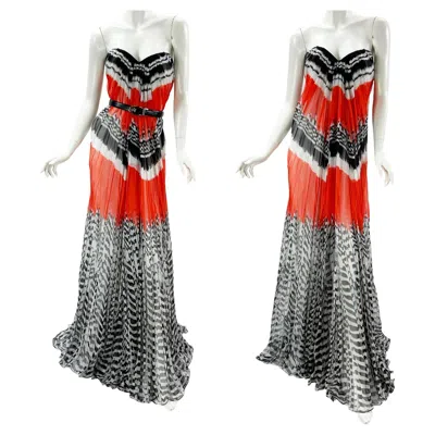 Pre-owned Alexander Mcqueen Nwt  S/s 2014 Silk Feather Print Bustier Dress Gown It 46 Us 10 In Gray