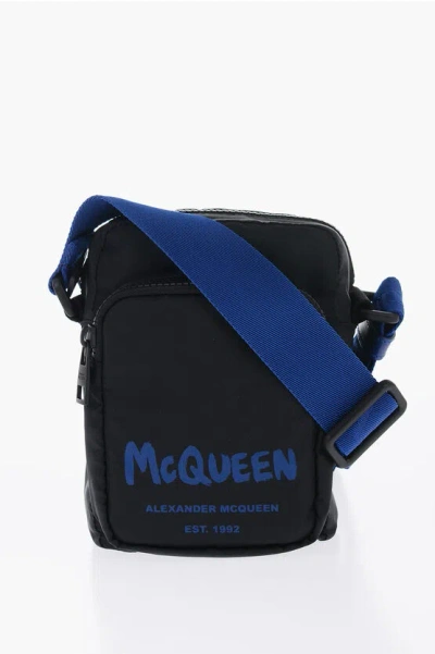 Alexander Mcqueen Nylon Crossbody Bag With Printed Logo In Black