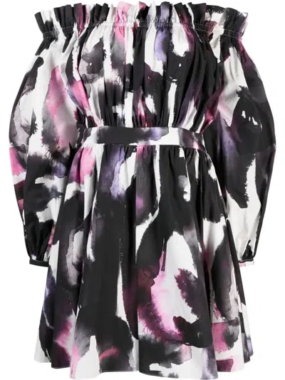 Alexander Mcqueen Off-shoulder Print Mini Dress In Multicolor