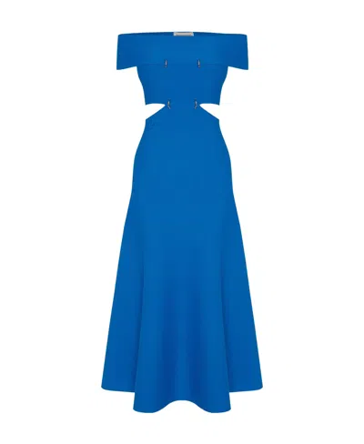 Alexander Mcqueen Off-shoulder Flared Midi Dress In Blue