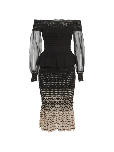 Pre-owned Alexander Mcqueen Off-shoulder Peplum Midi Dress In Black