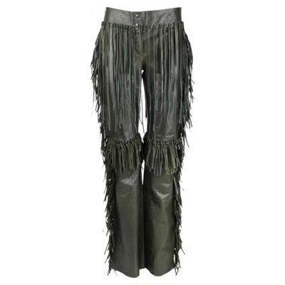 Pre-owned Alexander Mcqueen Olive Green Leather Fringe Pants � Early 2000s, It 42