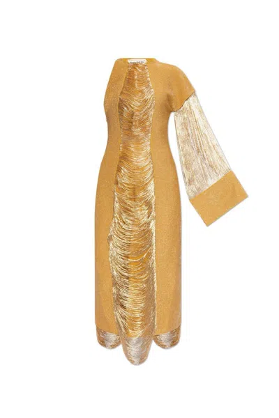 Alexander Mcqueen One-sleeved Fringed Dress In Gold