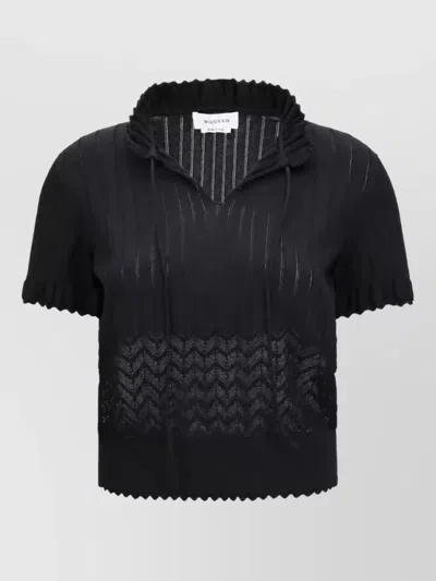 Alexander Mcqueen Open-knit Lace-insert Short-sleeve Top In Blue