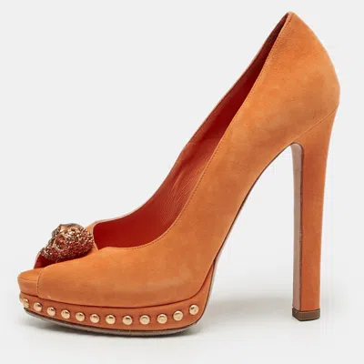 Pre-owned Alexander Mcqueen Orange Suede Skull Studded Peep Toe Pumps Size 37