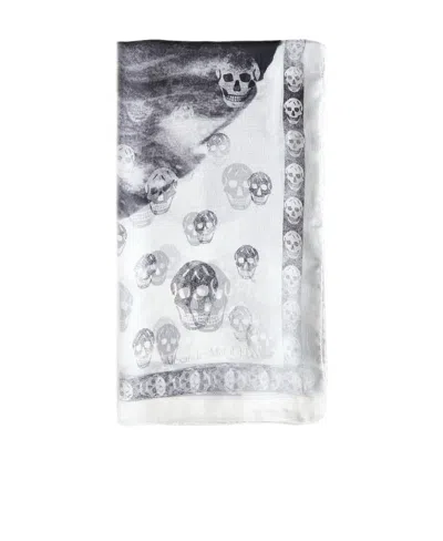 Alexander Mcqueen Orchid Classic Skull Silk Scarf In White