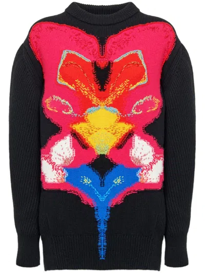 Alexander Mcqueen Orchid Intarsia Oversized Jumper In Blackredyellow