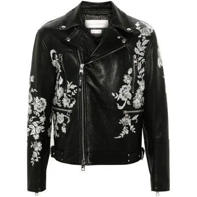 Alexander Mcqueen Floral-embroidered Leather Biker Jacket In Black