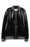 Alexander Mcqueen Solid Color Bomber Jacket With Shine Finish And Striped Edge In Black