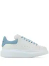 Alexander Mcqueen White Leather Sneakers With Pastel Light Blue Suede Heel In White