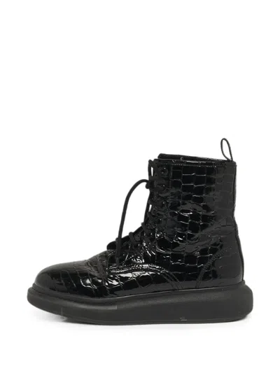 Pre-owned Alexander Mcqueen Oversized Croc-embossed Boots In Black