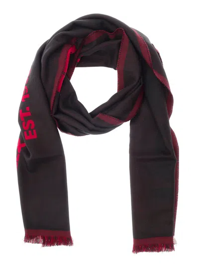 Alexander Mcqueen Red And Black Scarf With Jacquard Logo In Wool Man In Grey
