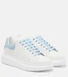 Alexander Mcqueen Women White Leather Sneakers With Pastel Light Blue Suede Heel