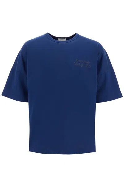 Alexander Mcqueen Solid Color Crew-neck T-shirt With Printed Logo In Blue