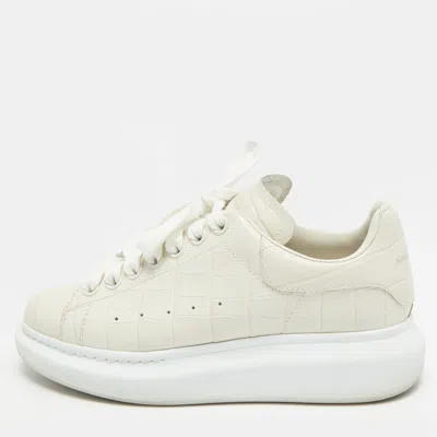 Pre-owned Alexander Mcqueen Oversized Size 37.5 Cream Croc Embossed Leather Low Top Sneakers In White