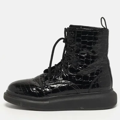 Pre-owned Alexander Mcqueen Oversized Size 41 Black Croc Embossed Patent Leather High Top Sneakers