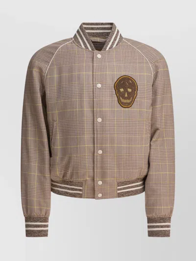 Alexander Mcqueen Patch Embroidered Ribbed Collar Jacket In Brown