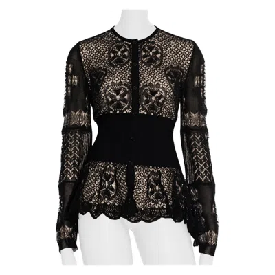 Pre-owned Alexander Mcqueen Patchwork Lace Peplum Cardigan In Black Small