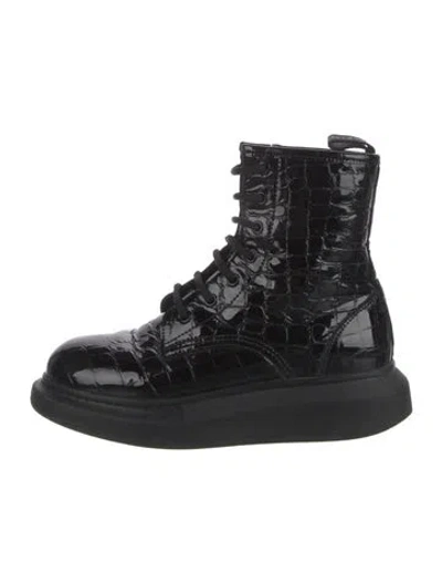 Pre-owned Alexander Mcqueen Patent Leather Animal Print Combat Boots In Black