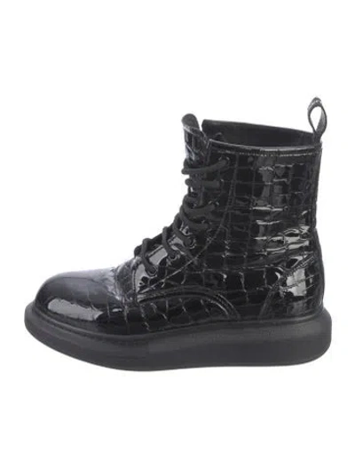 Pre-owned Alexander Mcqueen Patent Leather Animal Print Combat Boots In Black