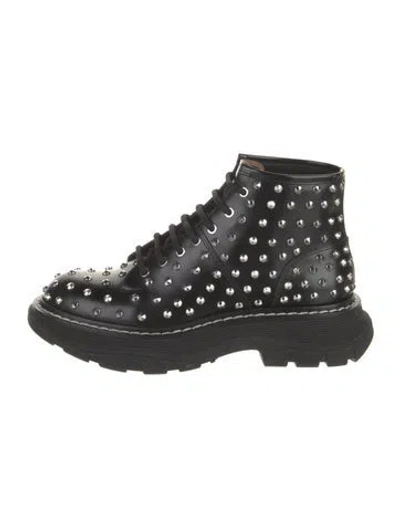Pre-owned Alexander Mcqueen Patent Leather Patterned Combat Boots In Black