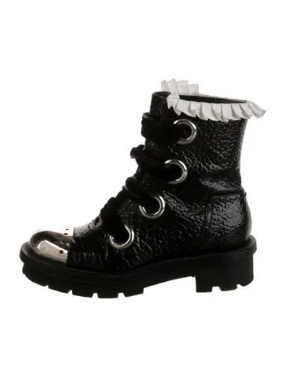 Pre-owned Alexander Mcqueen Patent Leather Pleated Accents Combat Boots In Black