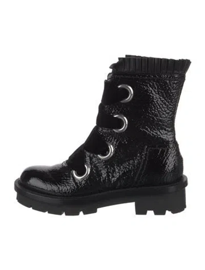 Pre-owned Alexander Mcqueen Patent Leather Ruffle Embellishment Combat Boots In Black