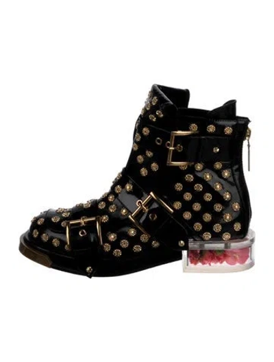 Pre-owned Alexander Mcqueen Patent Leather Studded Accents Combat Boots In Black