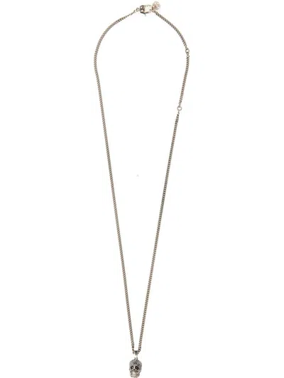 Alexander Mcqueen Pave Skull Necklace In Silver