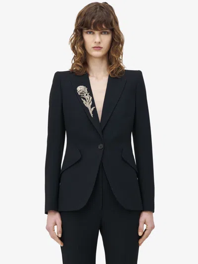 Alexander Mcqueen Peak Shoulder Embellished Jacket In Black