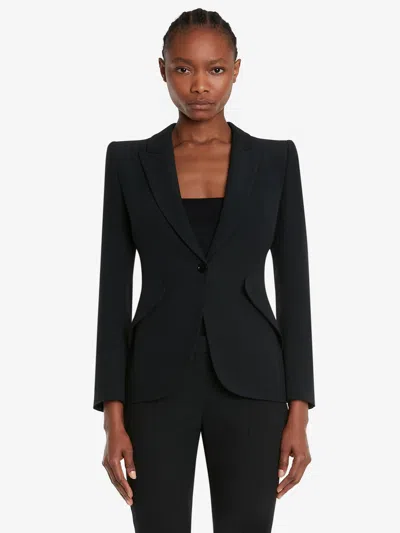 Alexander Mcqueen Peak Shoulder Leaf Crepe Jacket In Black