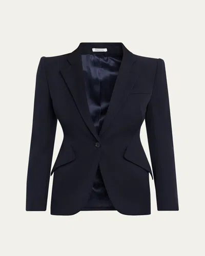 Alexander Mcqueen Peaked Shoulder Crepe Single-button Jacket In Blue
