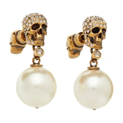 Alexander Mcqueen Pearl And Skull Earrings In Antique Gold Pearl